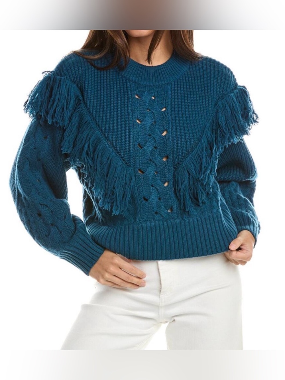 Equipment Femme Amira Sweater Sz L Deep Lagoon Blue Fringe Wool Cashmere Western